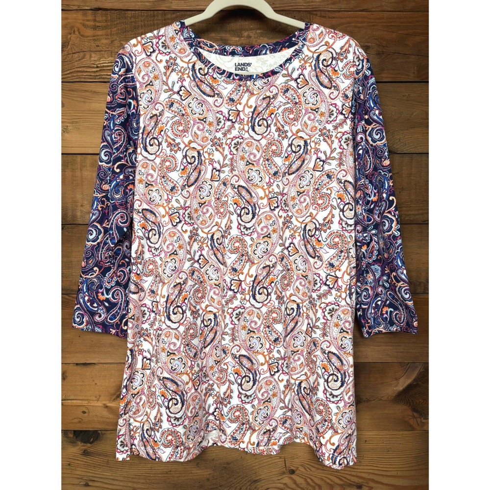 Lands End Paisley Tunic Top Womens L 14 16 Cotton 3/4 Sleeve Colorblock
